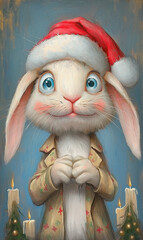 Funny rabbit in Santa hat and golden blazer.