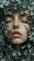 Woman's Face Surrounded by Lush Green Foliage