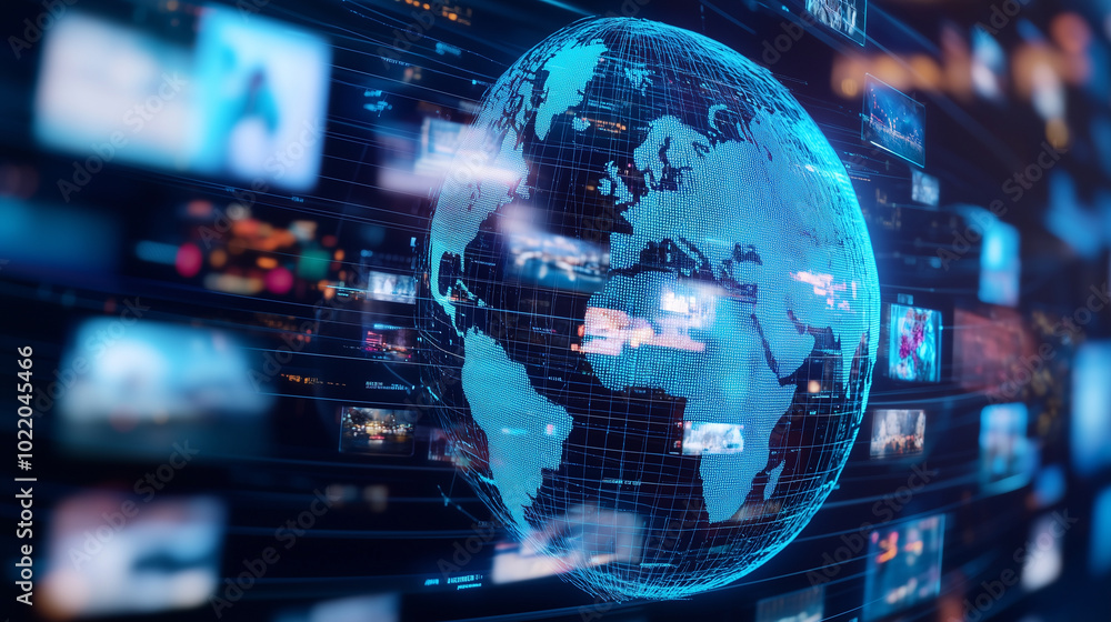 Poster a digital globe surrounded by floating images and data points represents the global exchange of medi