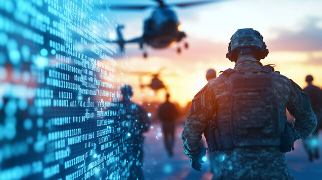 A military scene overlaid with holographic binary code and digital connections represents the future of warfare powered by data and real-time communication. Soldiers march into a b