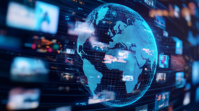 A digital globe surrounded by floating images and data points represents the global exchange of media and information. Each image shows moments of human interaction, digital conten