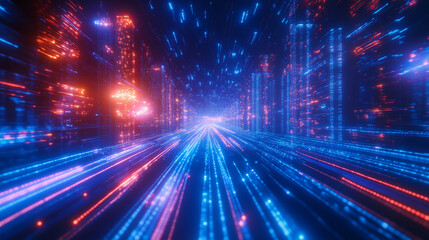 Fototapeta premium The image displays a complex, futuristic city constructed of digital elements, where hexagonal patterns and glowing blue lights create a technological network. The cityâs virtual g