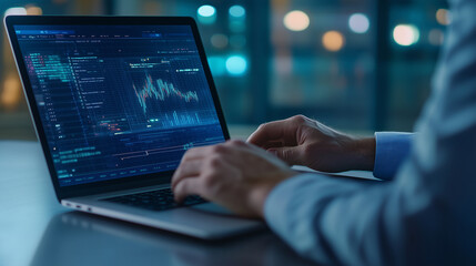 A businessman works on a laptop, planning advertising strategies to promote products and services across online platforms. The laptop screen displays ads and analytical data showin