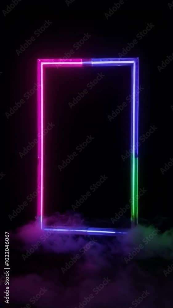 Poster neon rectangular frame with colorful lights surrounded by mist.