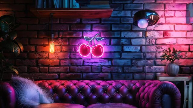 A neon cherry sign is illuminated on a brick wall in a vintage style room. Pan Right