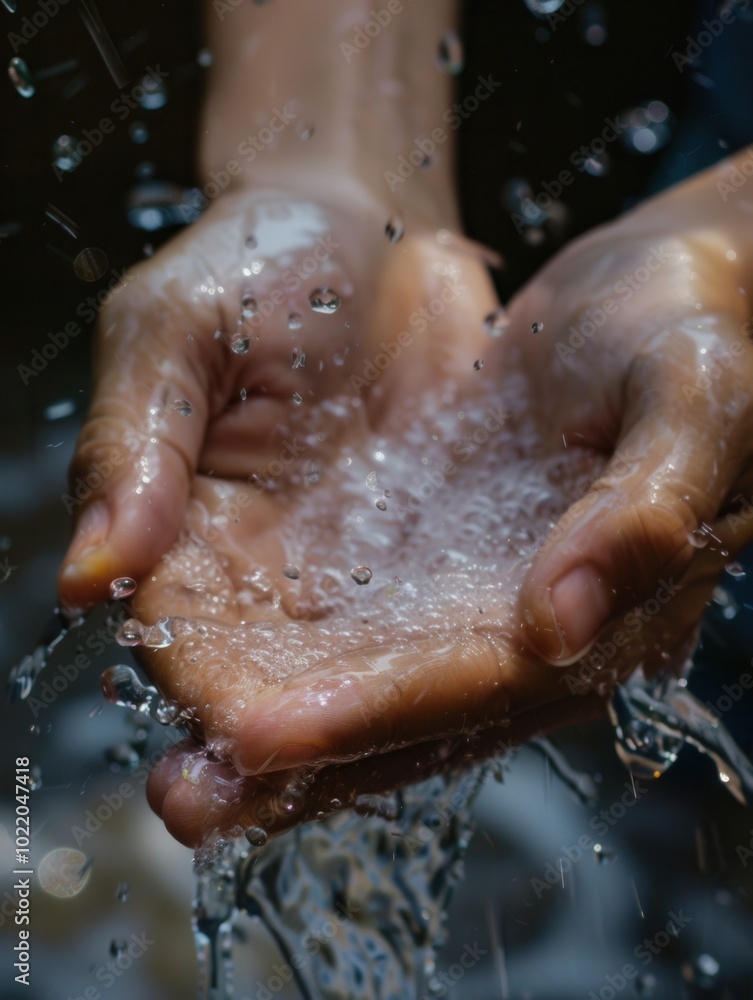 Poster Water flows over hands as they are washed, emphasizing cleanliness and the importance of good hygiene practices in everyday life. Generative AI