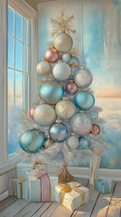 Christmas tree and decoration on wooden floor.