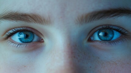 Obraz premium Extreme close-up macro of a face. The eyes of a lovely, mature woman facing the camera. The teen girl's blue eyes. A happy Caucasian woman opened her eyes wide. Laser alignment. 