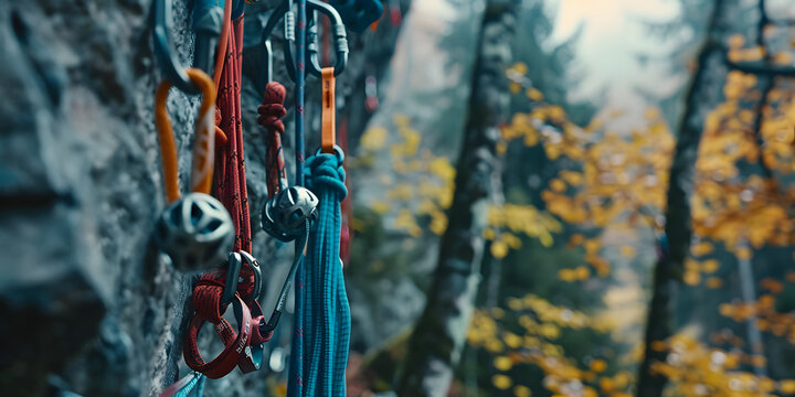 Equipamento de escalada pendurado em uma face rochosa rugged.