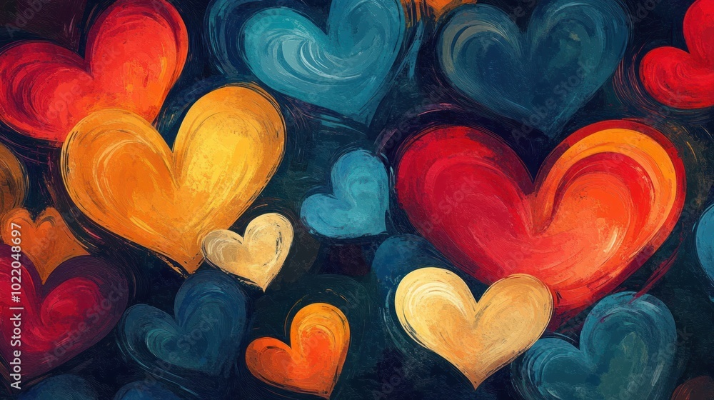 Aufkleber a colorful abstract background with multiple painted hearts in different sizes and shades of red, ye