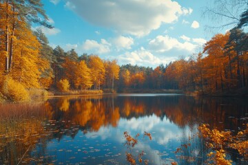 A tranquil lake reflects the vibrant autumn colors of the surrounding forest, with a blue sky dotted with white clouds overhead.