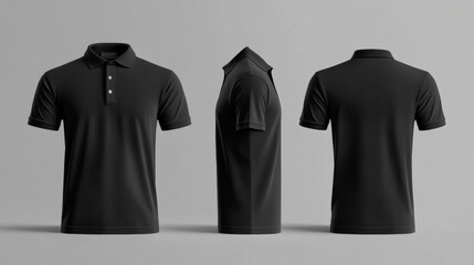 Men's black polo shirt with separate front and back views. Blank front and back polo tee for mock-up designs.