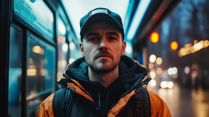 a man in a hat and jacket standing on a street corner at night with a bus in the background