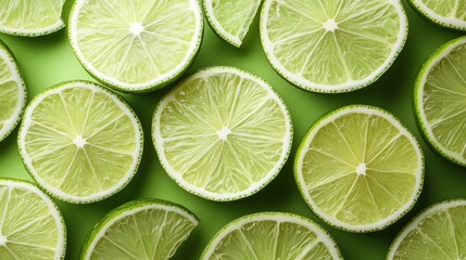 Close-up shot of lime slices on a green background.