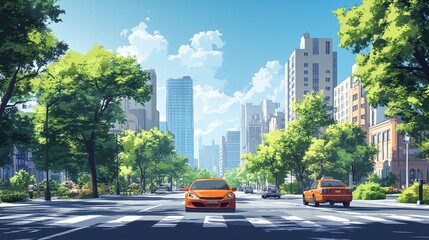 A city street with a car driving down it