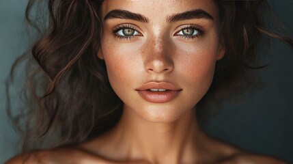 Fototapeta premium Mesmerizing portrait of a stunning woman showcasing flawless natural skin. Her radiant face, devoid of makeup, exudes the essence of beauty and self-care.