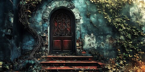 Old Wooden Door with Ironwork, Vines and Stone Wall, Mystery and Intrigue
