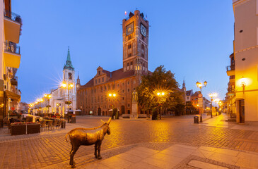 View of Town Hall Square with the old medieval Town Hall illuminated by lanterns in the blue hour...