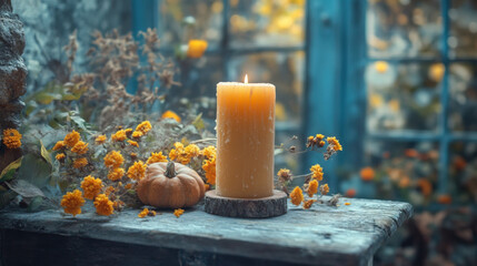A rustic side table in an English cottage, with autumn decor like gourds, candles, and dried flowers