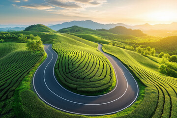 Beautiful road through the green tea plantation in the mountains