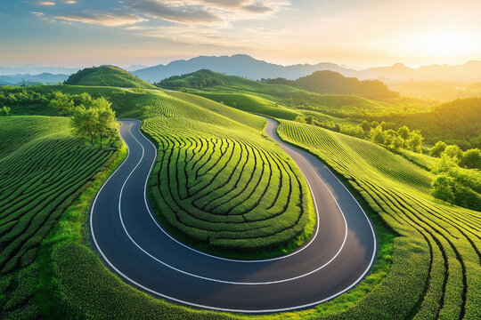 Beautiful road through the green tea plantation in the mountains
