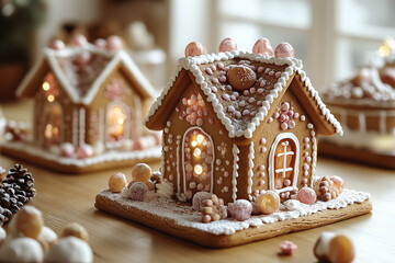 A festive baking scene with gingerbread houses on the table.