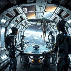 Humans and aliens cooperating on space project