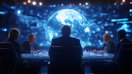 A diverse group of world leaders is seated at a circular table during an international conference, with holographic projections of a globe and digital analytics floating above them
