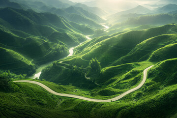 Beautiful road through the green tea plantation in the mountains