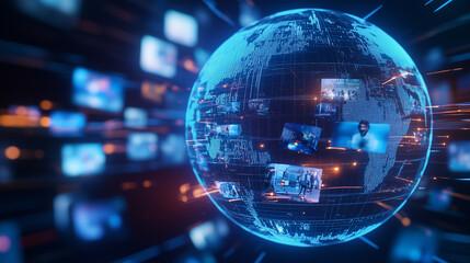 Fototapeta premium A globe surrounded by various digital photos and videos captures the essence of the worldwide impact of social media. The floating images represent posts, videos, and memories shar