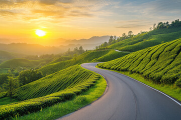Beautiful road through the green tea plantation in the mountains