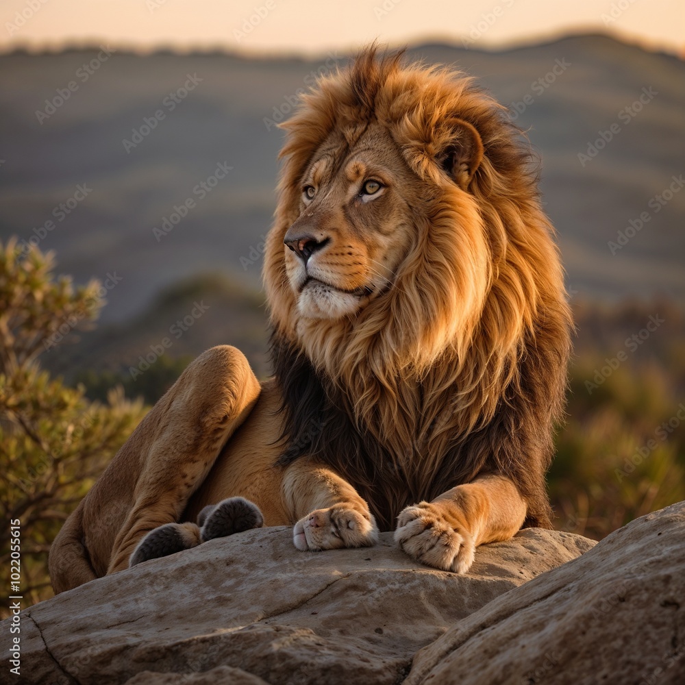 Wall mural majestic lion with flowing mane, a king of the wild, captured in a zoo portrait, lion perched on a m