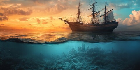 Ship Sailing Above Water, with Ocean Floor Below, Sunset Clouds