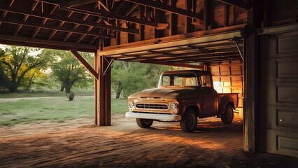 Rustic Garage with Vintage Truck and Open Door