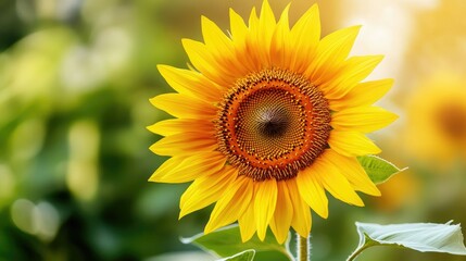 Fototapeta premium A beautiful close-up of a yellow sunflower in full bloom, with its petals radiating out from the center, capturing the essence of summer.