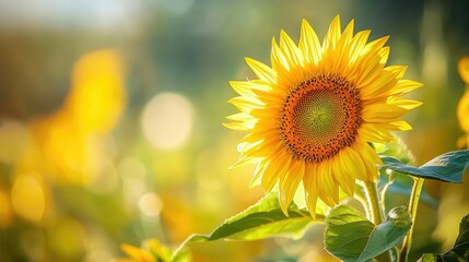 Obraz premium A beautiful close-up of a yellow sunflower in full bloom, with its petals radiating out from the center, capturing the essence of summer.