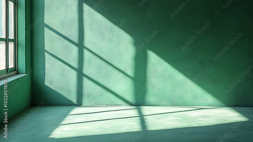 Poster sunlight streams through a window, casting long shadows on a green wall and floor in an empty room.