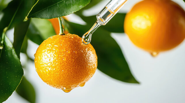 orange drop from pipette on white background, vitamin C, cosmetology, liquid, citrus, serum, juice, cosmetics, medicine