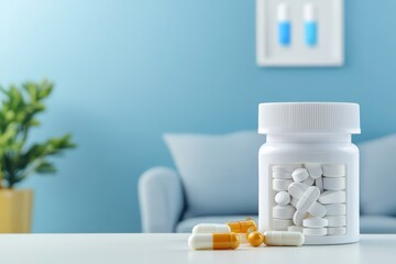 A modern jar of medicine with assorted pills on a light table, showcasing a calm interior setting.