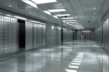 Obraz premium Modern bank vault corridor with safety deposit boxes.
