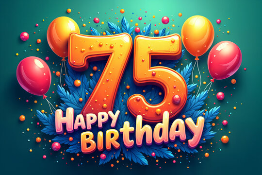 75th birthday card. Vibrant birthday greeting with the number 75 prominently displayed, surrounded by colorful balloons and decorations.