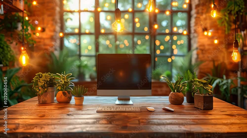 Poster working space with computer on wooden table in modern office