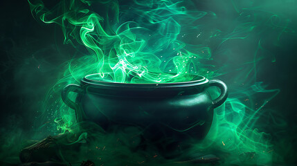a black cauldron with green, glowing, and swirling smoke or magical energy emanating from it. The cauldron is set against a dark background