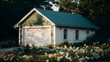 Detached Garage with Green Roof and Blooming Flowers