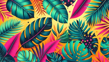 background featuring large tropical leaves in various shades of green, accented with bold colors like fuchsia, orange, and yellow,generative ai