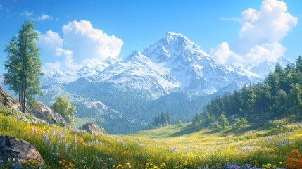A majestic snow-capped mountain peak rises above a lush green valley filled with wildflowers, under a bright blue sky with fluffy clouds.