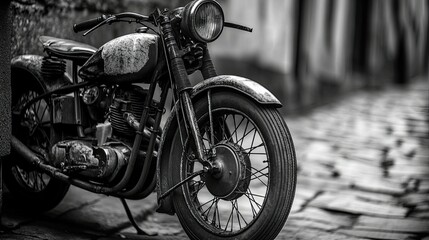 A black-and-white close-up of a vintage motorcycle parked on a street, emphasizing texture and shadows.