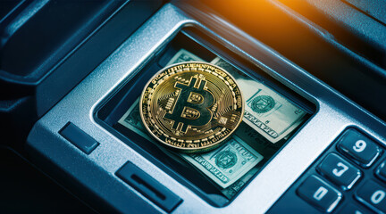 Bitcoin stored in an ATM with cash, showcasing cryptocurrency and traditional currency interaction.