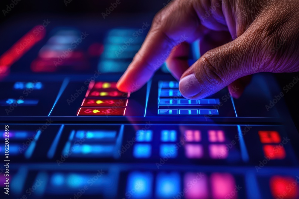 Poster close-up of a hand interacting with a futuristic control panel featuring colorful buttons and screen