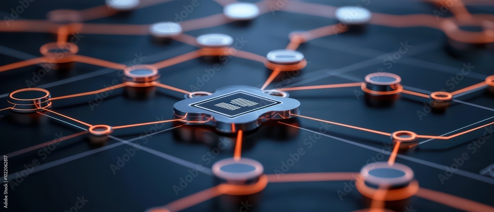 Poster close-up of a microchip with connected circuits, showcasing advanced technology and innovation.
